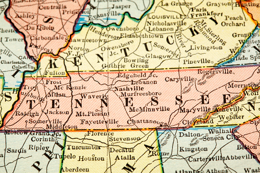 vintage map macro of state of Tennessee. From an antique map of America by engraver and publisher Geo.F.Cram.