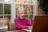 Surprised or Shocked Senior Woman, Grandmother at Computer
