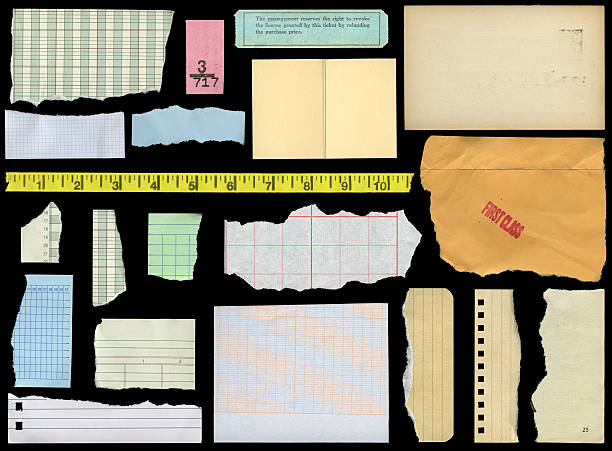 assorted paper elements assorted paper design elements on black ruled paper stock pictures, royalty-free photos & images
