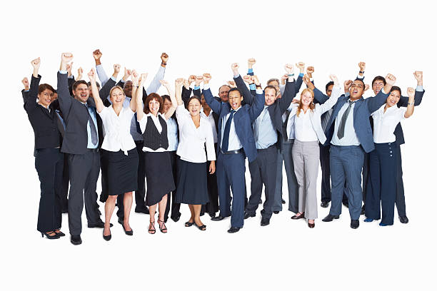 istock Group of successful business colleagues with hands raised 157524544