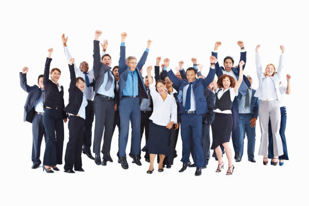 istock Business colleagues with arms raised over white background 157524999