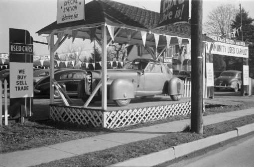 1948 Tasco automobile prototype photographed between 1949 and 1952. Only one of these cars was ever built. The design borrowed many ideas from airplanes at the time. Scanned film with grain.