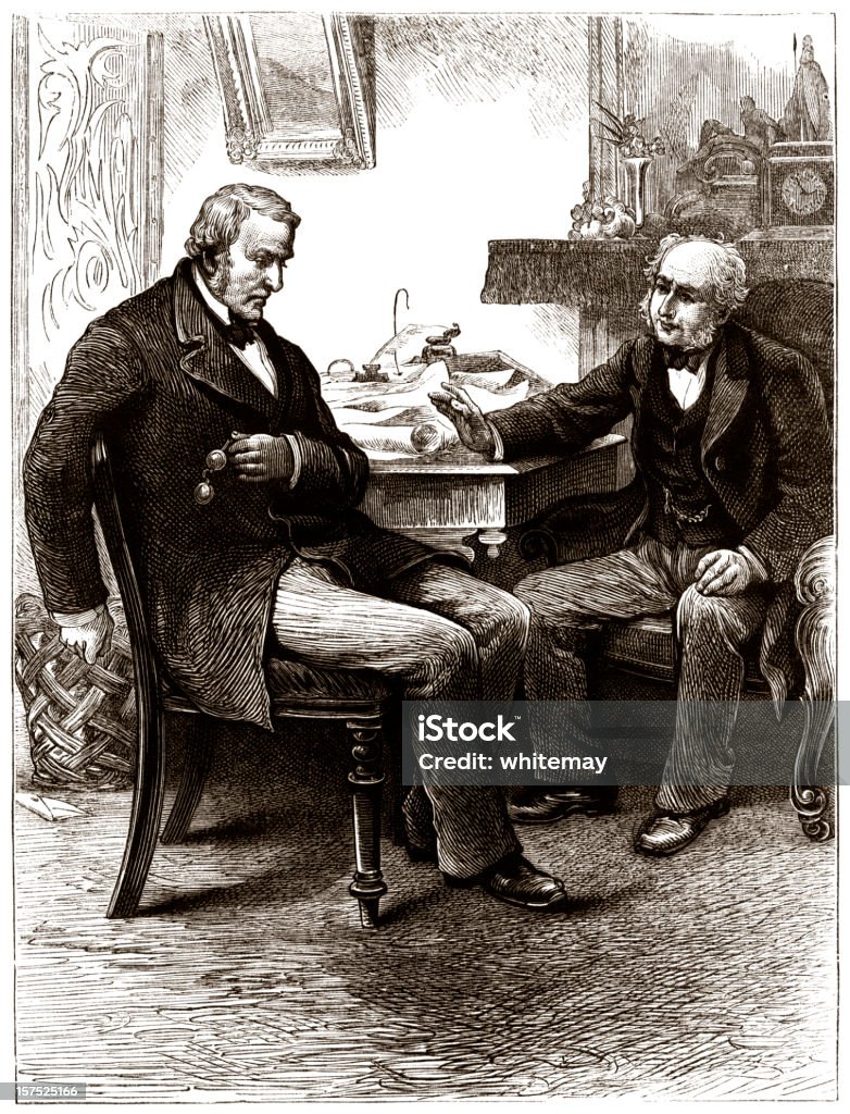 Dos hombres mayores hablando de negocios-ilustración victoriano - Ilustración de stock de Blanco y negro libre de derechos