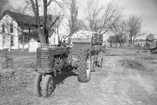 Countryman driving a tractor for agriculture. The photo was taken in a rural area away from the city center and is in black and white.