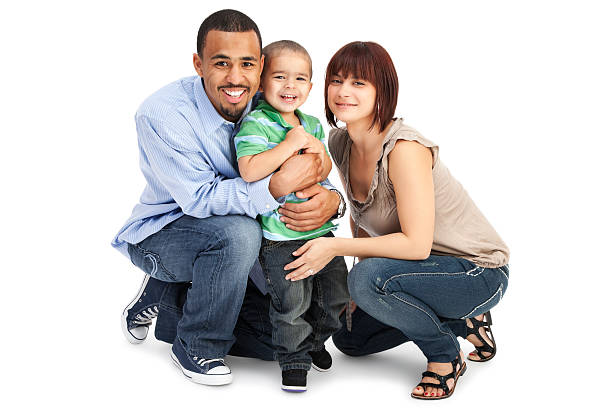 Family of Three on White  squatting position photos stock pictures, royalty-free photos & images
