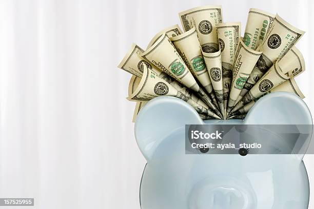 Foto de Piggy Bank Com Centenas De Dólares e mais fotos de stock de Animal - Animal, Cofre de porquinho, Foto de estúdio