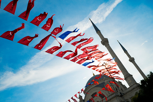 Istanbul mosque with Turkish flags flying