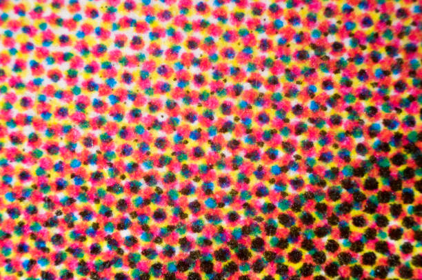 Photomicrograph of four-color printing. Individual dots of cyan, magenta, yellow, and black are visible. Dry mount, 2.5X objective, reflected illumination.