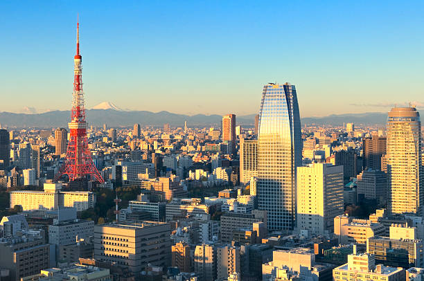 Aerial View of Tokyo and Mt. Fuji at Sunrise stock photo
