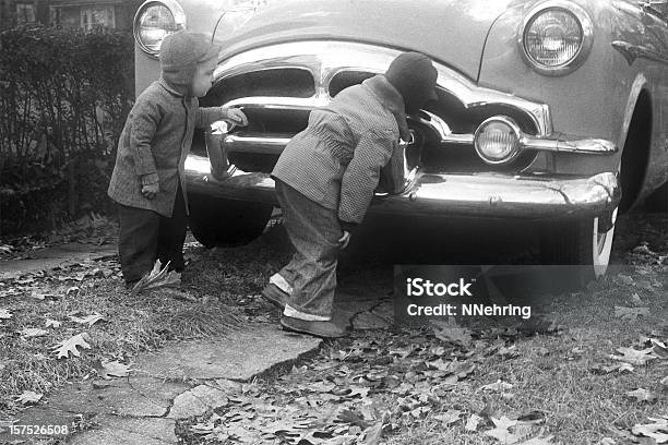 Boys Inspecting Packard Coupe Car 1955 Retro Stock Photo - Download Image Now - 1950-1959, Child, Photographic Print