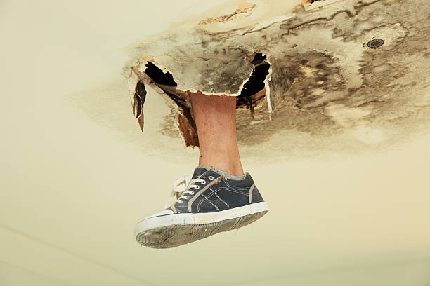 Foot in canvas shoe poking through rot in the ceiling stock photo