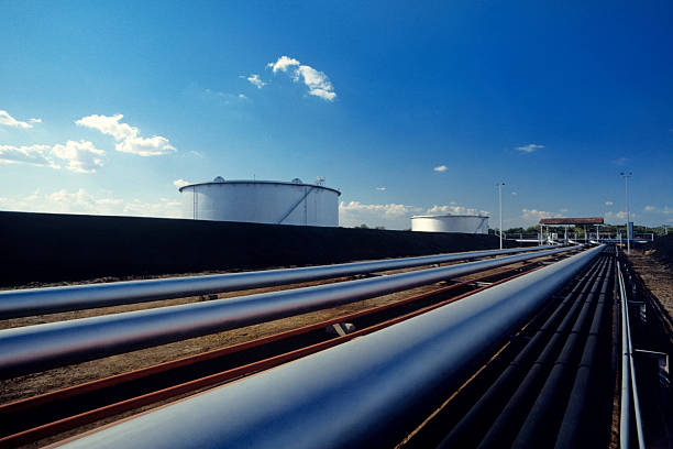 pipes in pump station of refinery stock photo