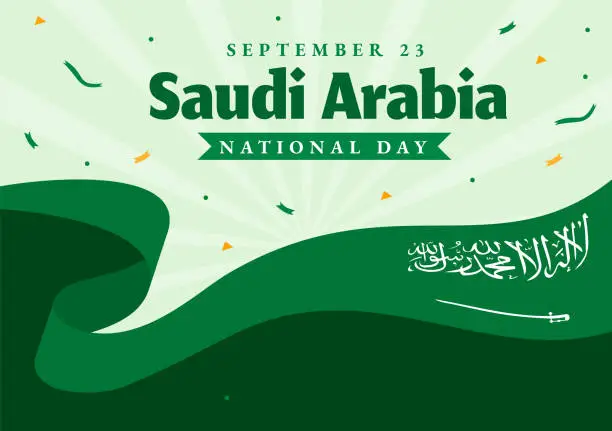 Vector illustration of Happy Saudi Arabia National Day Vector Illustration on September 23 with Waving Flag Background in Flat Cartoon Hand Drawn Landing Page Templates