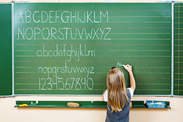 istock School Girl Writing On Blackboard, Rear View 157526771