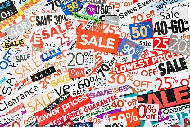 Sale signs, newspaper and flyers clippings - XVIII  cent sign photos stock pictures, royalty-free photos & images