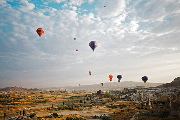 Scenic high angle view of Cappadocia in Turkey from hot air balloon