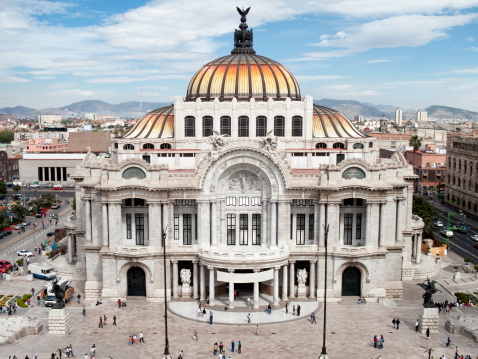 Zocalo Constitution Square in Mexico city, landmark Metropolitan Cathedral and National Palace.