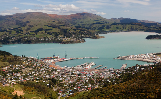 Aerial view of the town of Lyttelton, Cantebury in NZ