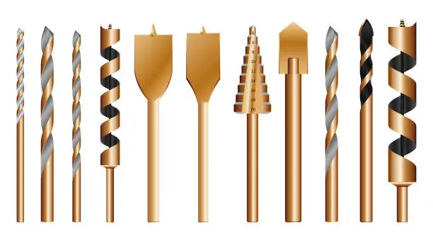 Vector illustration of set of realistic metallic drill bits or metal work steel tools. eps vector