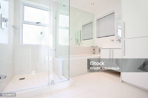 Glamorous All White Modern Bathroom Stock Photo - Download Image Now - Bathroom, White Color, Shower