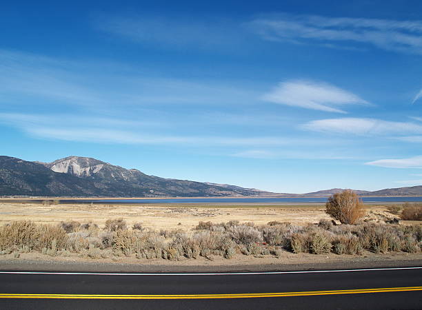 A long straight roadway in the high desert of the eastern Sierra foothills near Mono Lake, California.