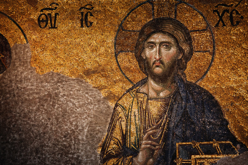 Detail of Deesis Mosaic (The Last Judgement) representing the image of Christ form circa 1260 Hagia Sophia (Aya Sofia, Istanbul)