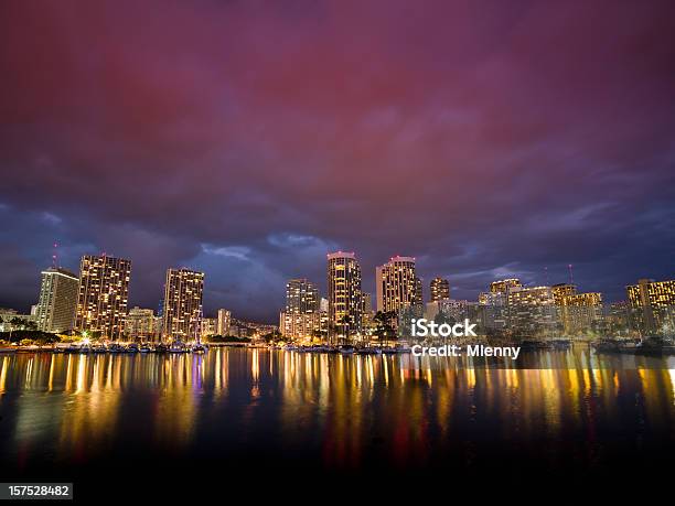 Honolulu Waikiki Harbor Skyline Night Hawaii Usa Stock Photo - Download Image Now - Awe, Building Exterior, Built Structure