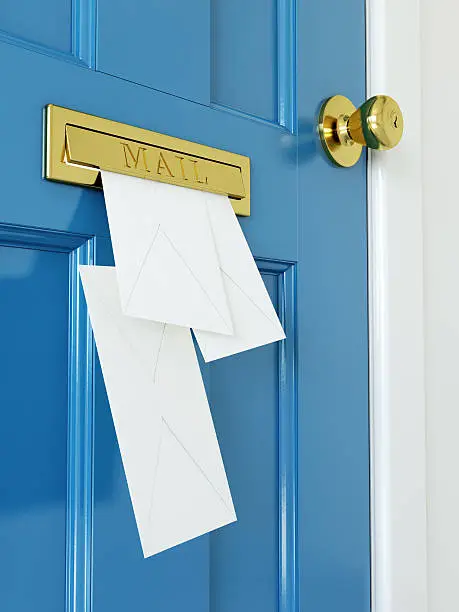Mail coming through a letterbox in a blue door. Very high resolution 3D render.