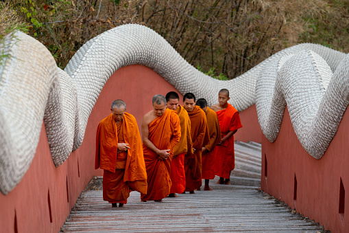 Group of senior and young monks walk on stair of the temple up to chapel or church to do some activity in early morning.