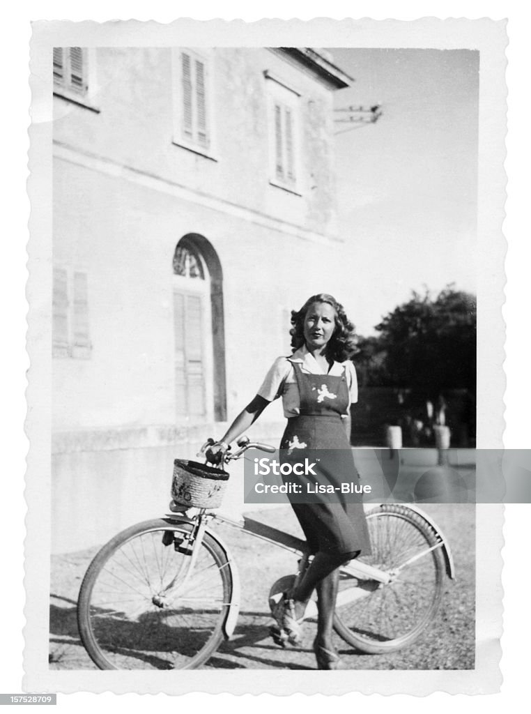 Young Woman With Bicycle in 1935.Black And White  Retro Style Stock Photo