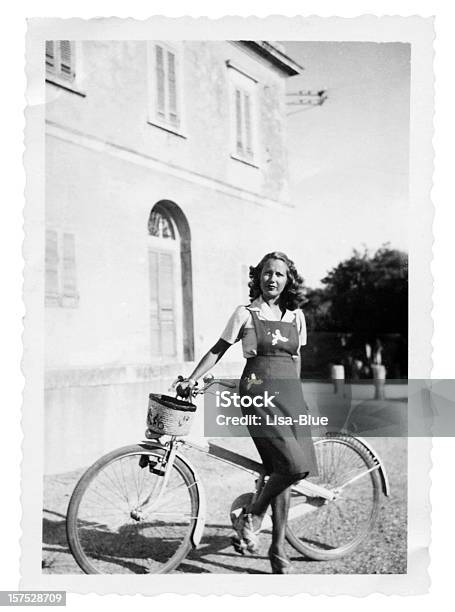 Young Woman With Bicycle In 1935black And White Stock Photo - Download Image Now - Retro Style, Old-fashioned, Women