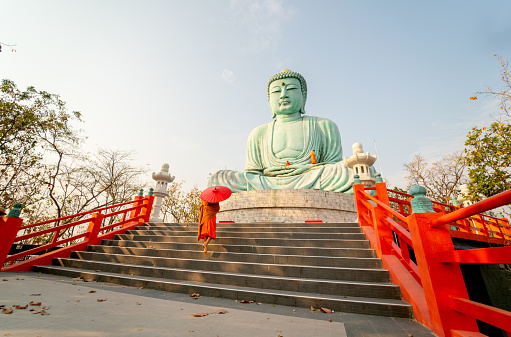 The iconic Maitreya Buddha overlooking the courtyard of Bongeunsa Temple in Gangnam, Seoul, South Korea.