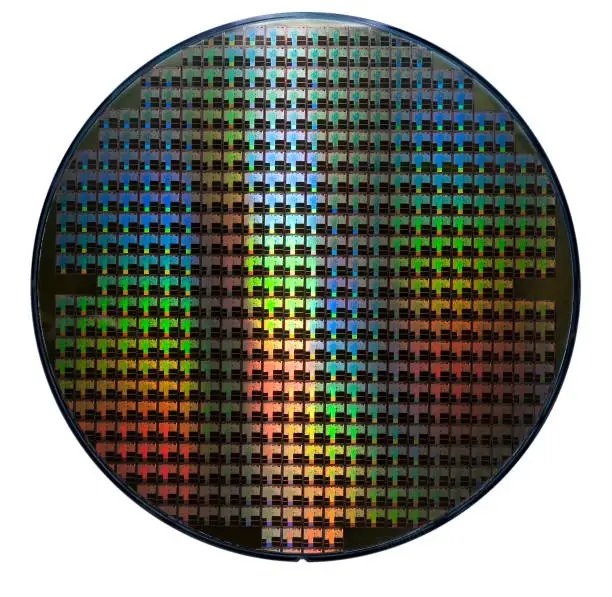 Photo of Computer wafer showing rainbow color patterns