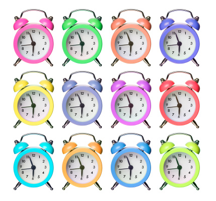 Twelve Colorful Alarm Clocks