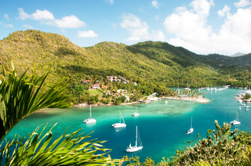 The drone aerial view of English Harbor and Falmouth Harbor, the southern coast of Antigua.