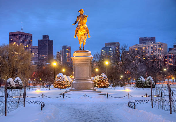 jardim público de boston no inverno - boston skyline night city imagens e fotografias de stock