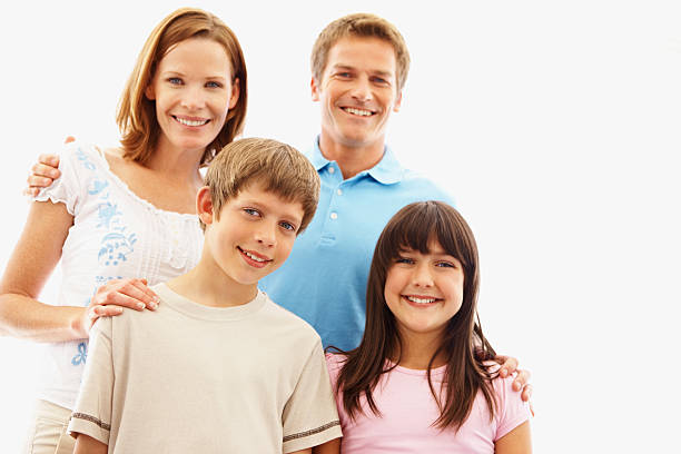 istock Little kids with their parents smiling against white 157529718