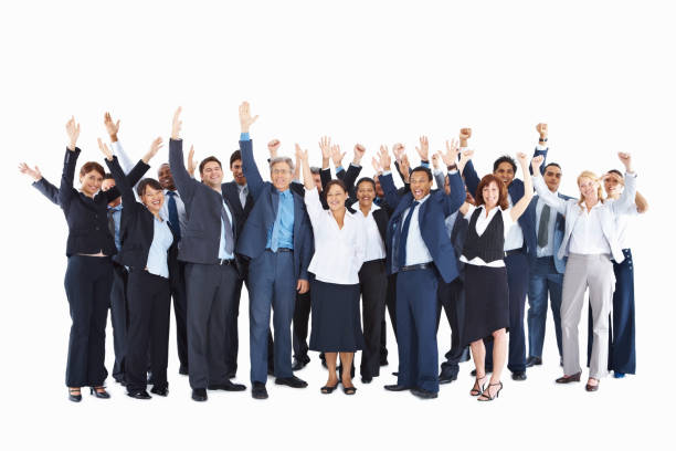 istock Business colleagues with arms raised over white background 157529771