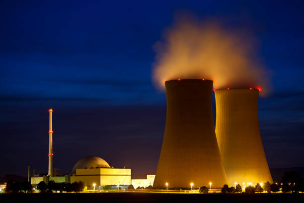 Nuclear Power Station At Night stock photo