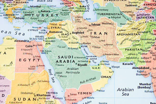 middle east, persian gulf and pakistan/afganistan region map - iii - gulfstaterna bildbanksfoton och bilder