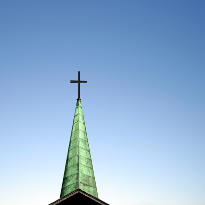 cross and church steeple with clear blue sky, square frame (XL)