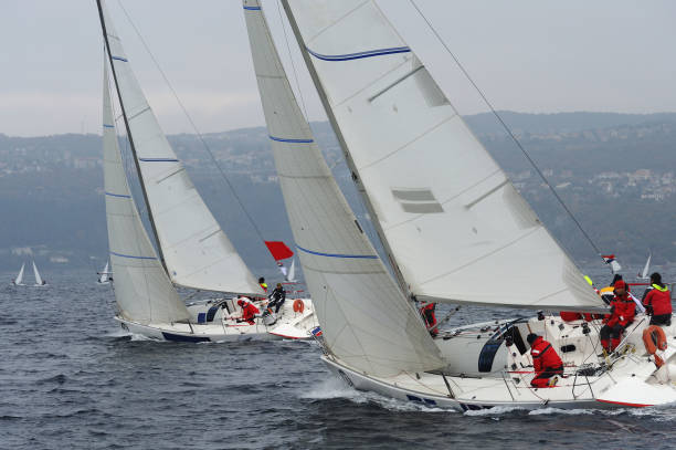 segelboote compeeting während der regatta - rope rigging nautical vessel day stock-fotos und bilder