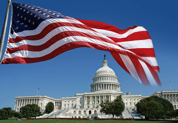 American Flag in front of The Capitol National Symbols of the USA: Flag and The Capitol in Washington DC, Focus on the Flag, Photomontage. SEE MY OTHER PHOTOS & VIDEOS from USA:  united states senate photos stock pictures, royalty-free photos & images