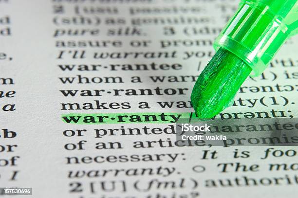 Warranty Definition Highligted In Dictionary Stock Photo - Download Image Now - Agreement, Arranging, Book