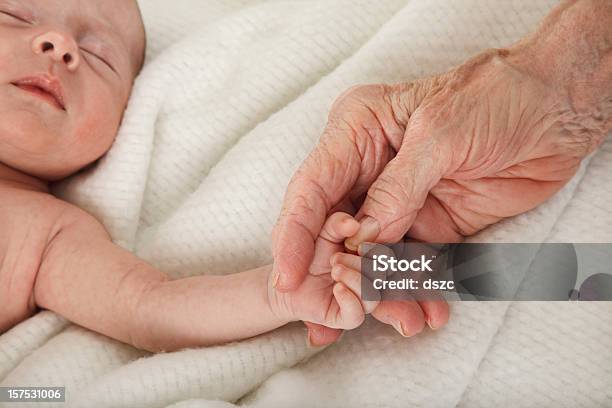 Sleeping Baby Holding Great Grandmothers Hand Stock Photo - Download Image Now - Baby - Human Age, Senior Adult, Newborn