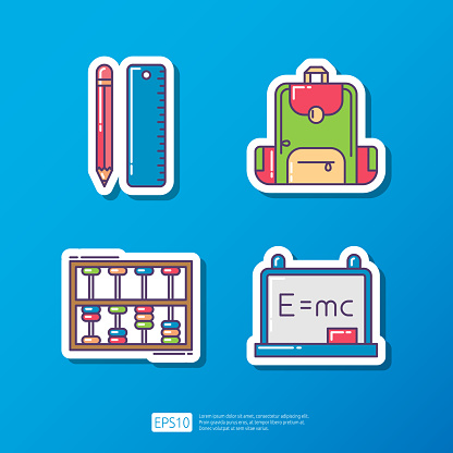 pencil and ruler, backpack, abacus math equipment, energy equivalence formula on whiteboard. knowledge and education flat sticker icon. science and school vector illustration
