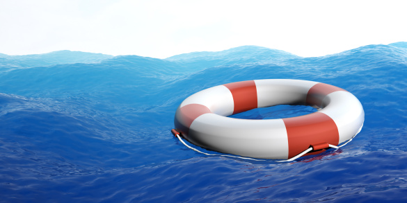 A life preservers floating on a blue sea. Very high resolution 3D render.