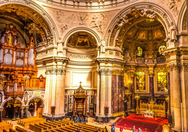 Basilica Worshipers Altar Organ Berlin Cathedral Berliner Dom Berlin Germany. Cathedral largest Protestant Church in Germany. Built between 1894 to 1905 for Kaiser Wilhelm II, but church goes back to 1400s. Restored after war.
