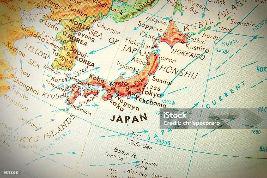 Travel the Globe Series - Japan Studying geography - Photo of Japan on retro globe. Japan Stock Photo