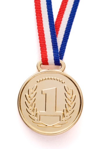 Gold medal with number one 3D icon. Golden prize or award with ribbon 3D illustration